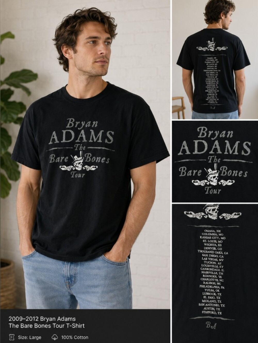 Bryan Adams Bare Bones Tour 2009-2012 Concert T-Shirt Men’s Large Black
